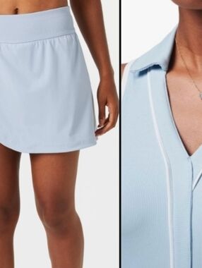 Set - Light Blue Ribbed Sleeveless Polo Top and Secret Plans Skirt